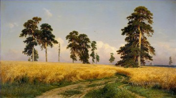 風景 Painting - ライ麦 小麦畑の古典的な風景 イワン・イワノビッチの木々